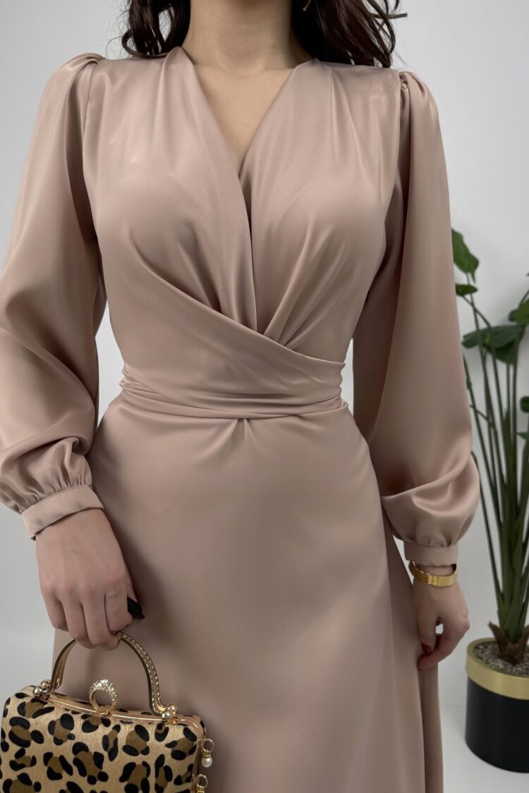 Elegant Beige Wrap Dress With Long Sleeves
