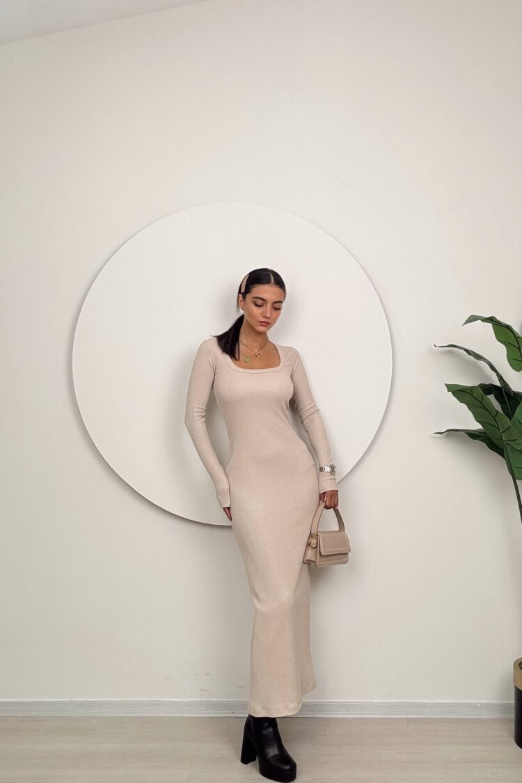 Beige Elegant Bodycon Dress With Square Neck - Brand: Miss Janell - Women & Kids, Baby Clothes Wholesale - Globality Store