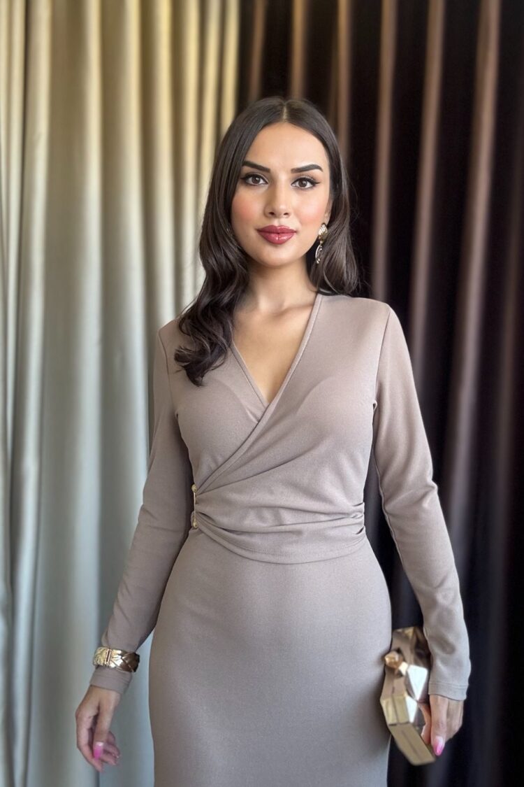 Beige Elegant Formal Wrap Dress Maxi
