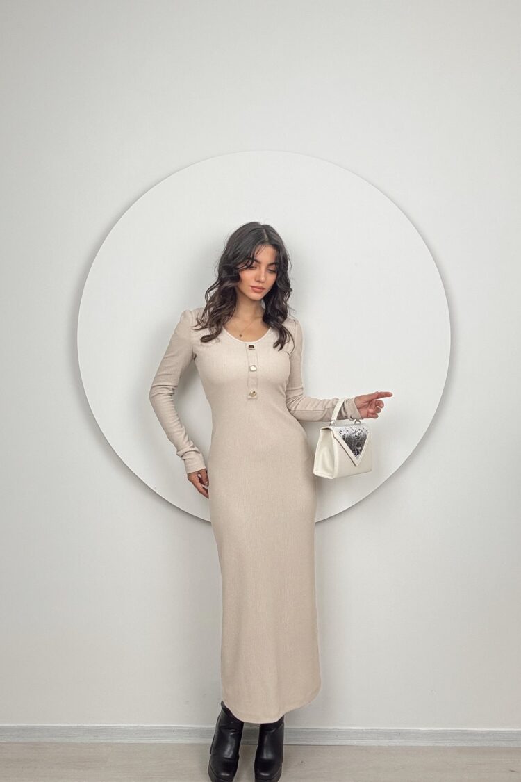 Beige Elegant Bodycon Dress With Long Sleeves - Brand: Miss Janell - Women & Kids, Baby Clothes Wholesale - Globality Store