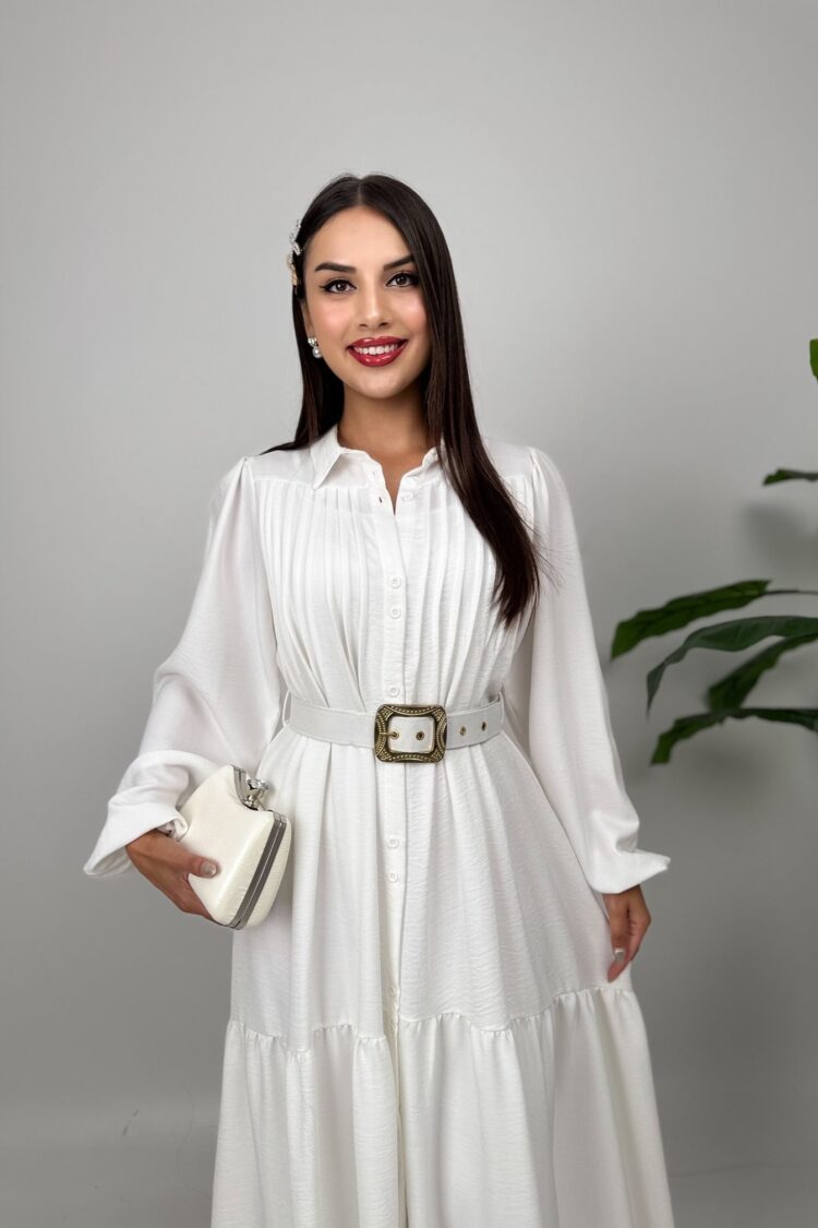 White Modest Elegant Formal Shirt Dress Maxi