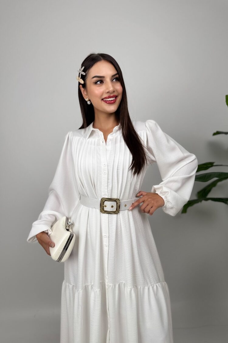 White Modest Elegant Formal Shirt Dress Maxi