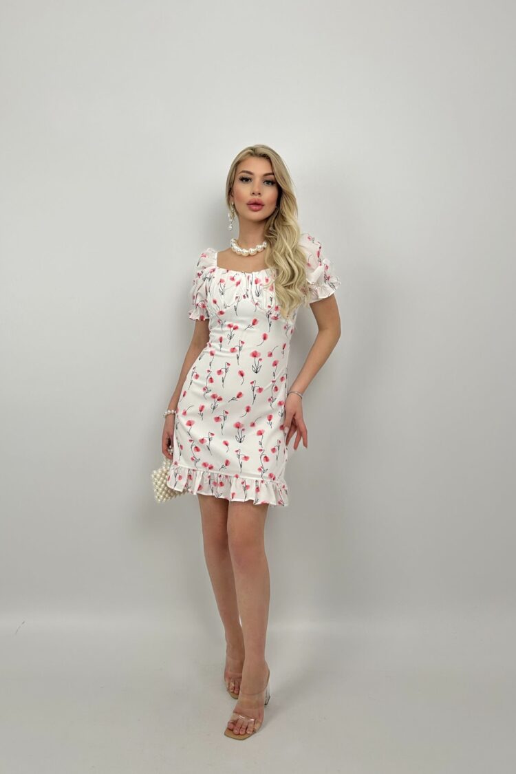 White Floral Sheath Dress With Ruffle Sleeves