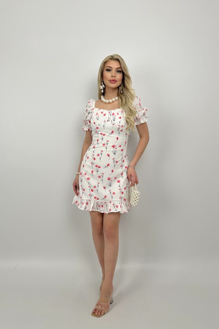White Floral Sheath Dress With Ruffle Sleeves