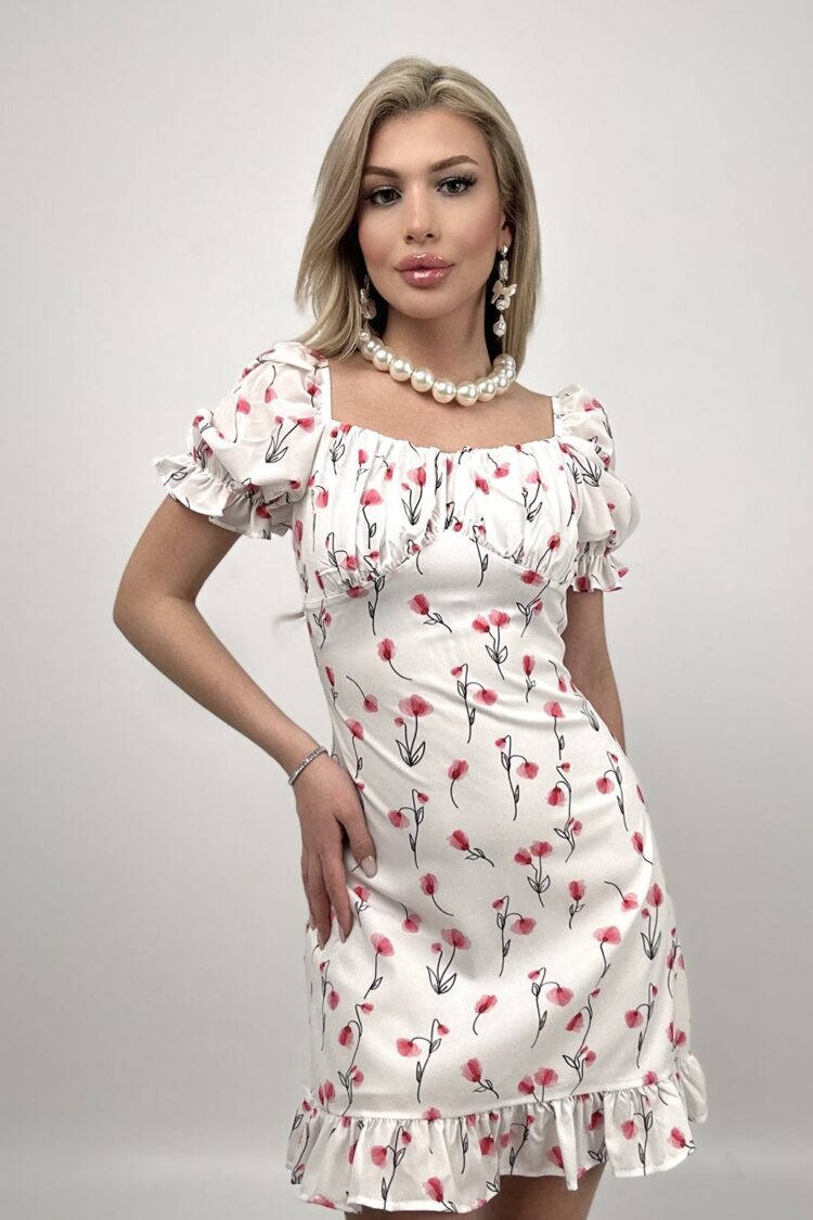 White Floral Sheath Dress With Ruffle Sleeves