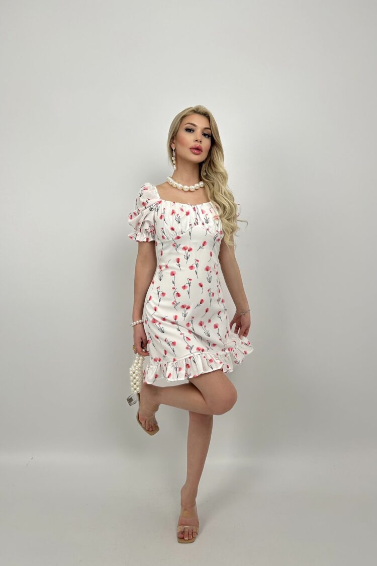 White Floral Sheath Dress With Ruffle Sleeves