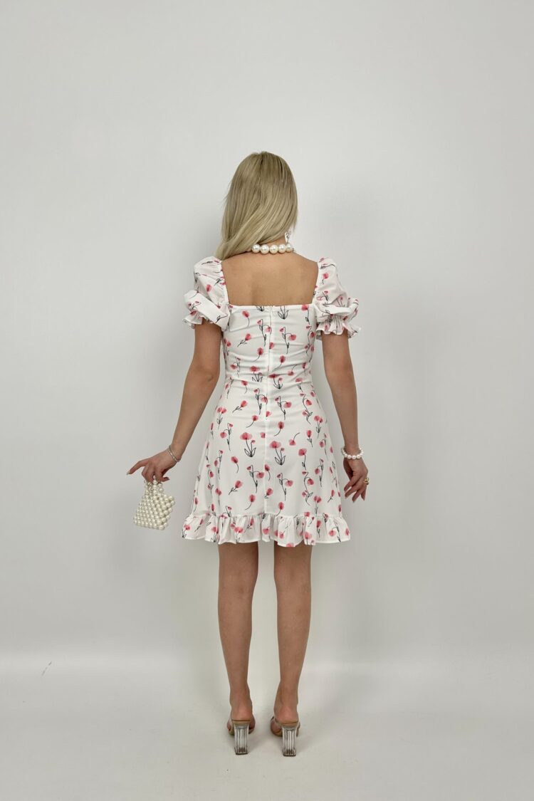 White Floral Sheath Dress With Ruffle Sleeves