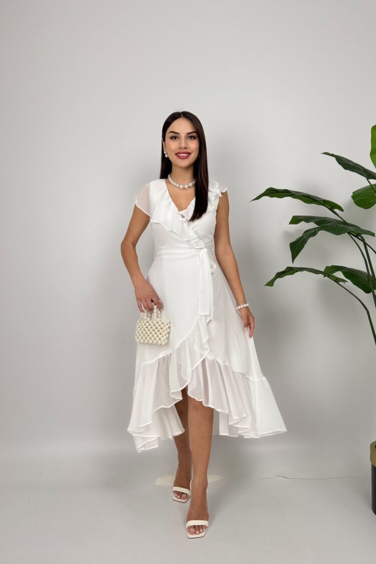 White Elegant Wrap Dress With V-Neck And Cap Sleeves - Brand: Miss Janell - Women & Kids, Baby Clothes Wholesale - Globality Store