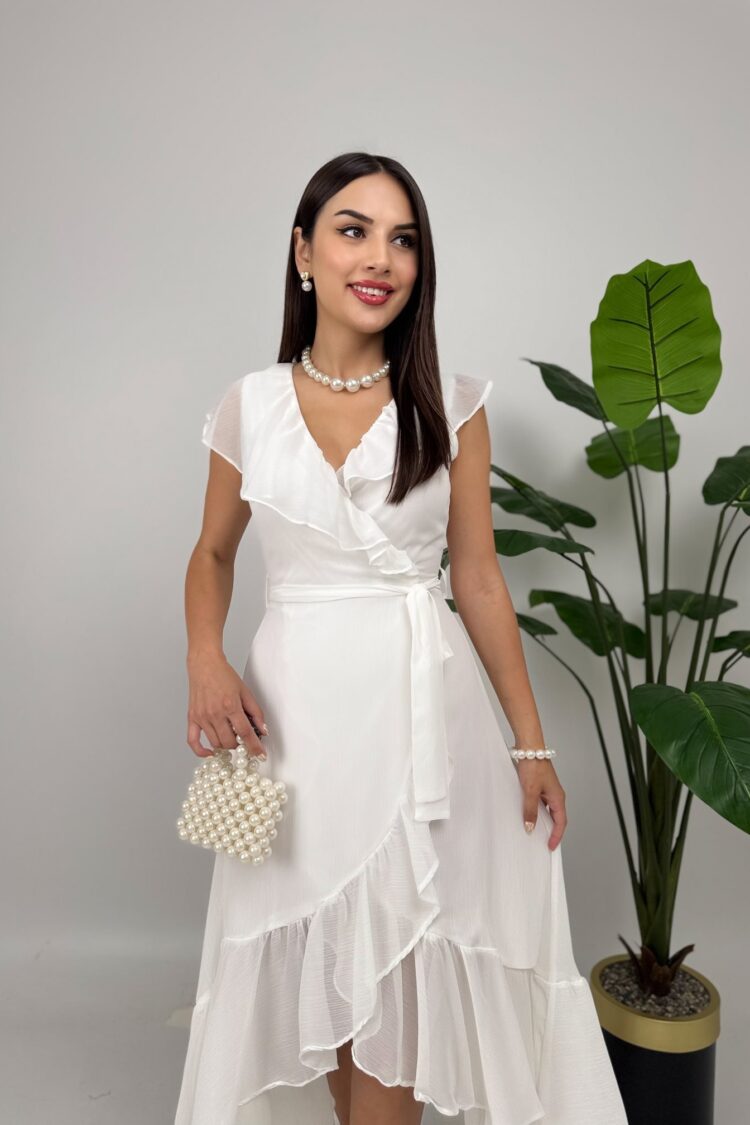 White Elegant Wrap Dress With V-Neck And Cap Sleeves