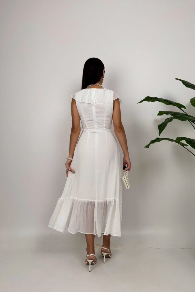 White Elegant Wrap Dress With V-Neck And Cap Sleeves