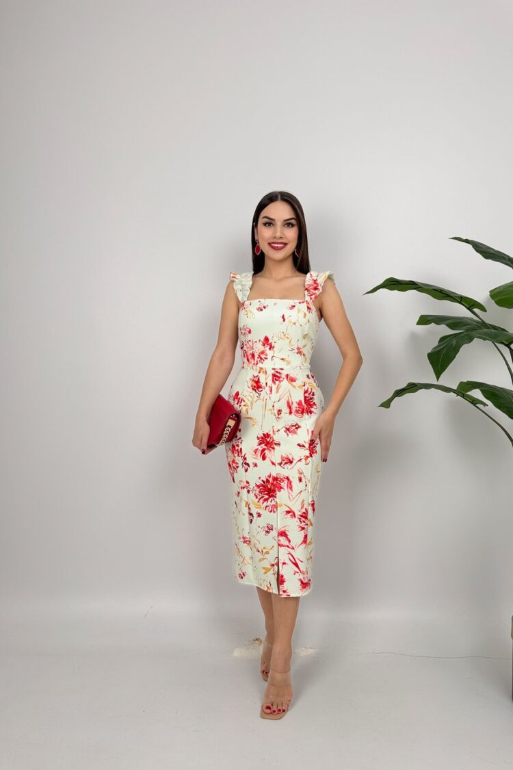 White Floral Sheath Dress With Ruffle Sleeves