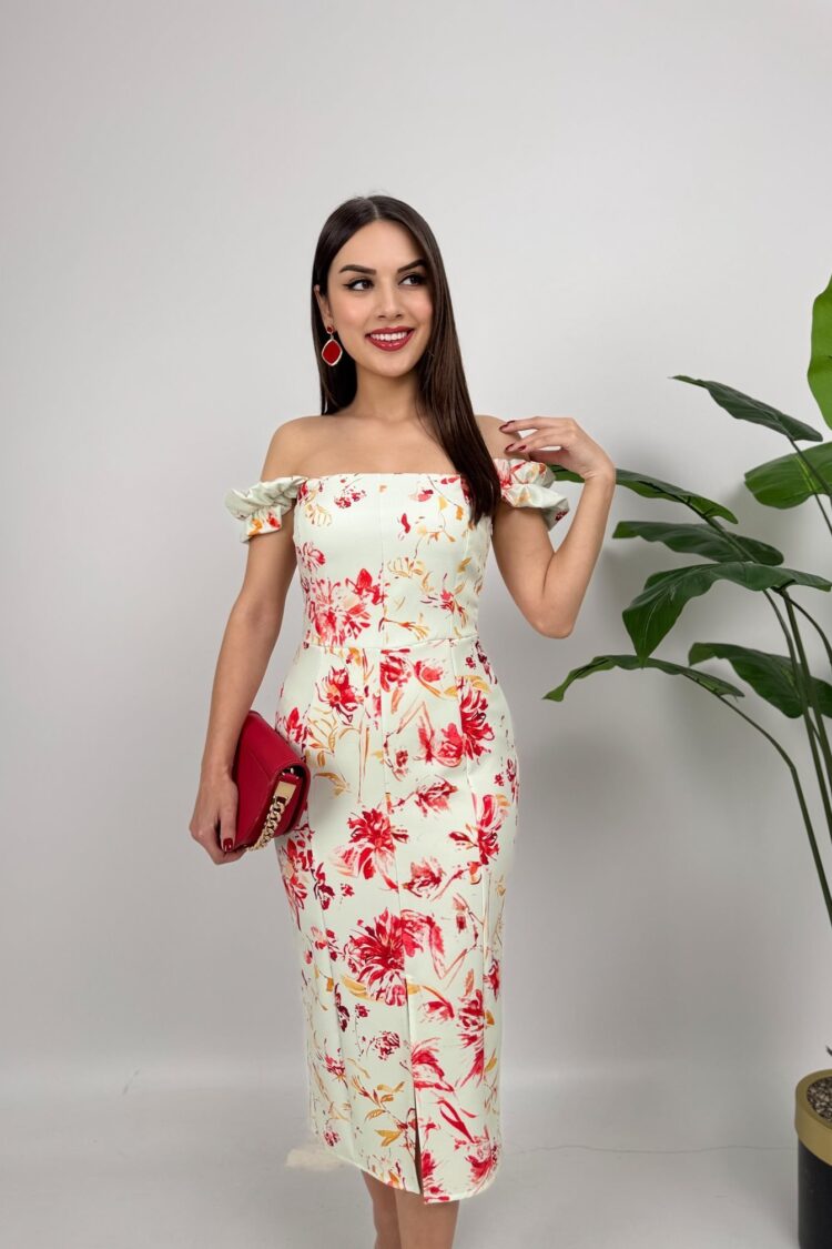 White Floral Sheath Dress With Ruffle Sleeves