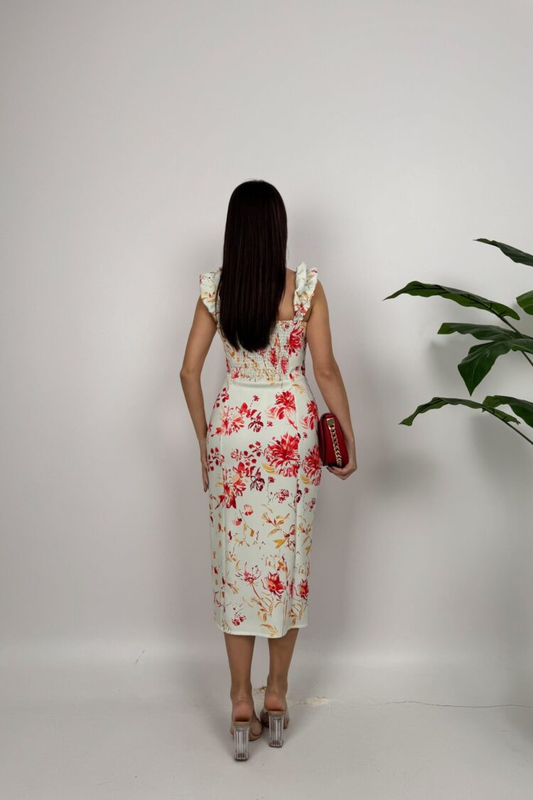 White Floral Sheath Dress With Ruffle Sleeves