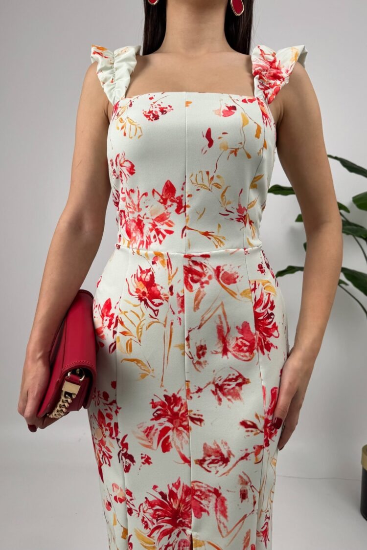 White Floral Sheath Dress With Ruffle Sleeves