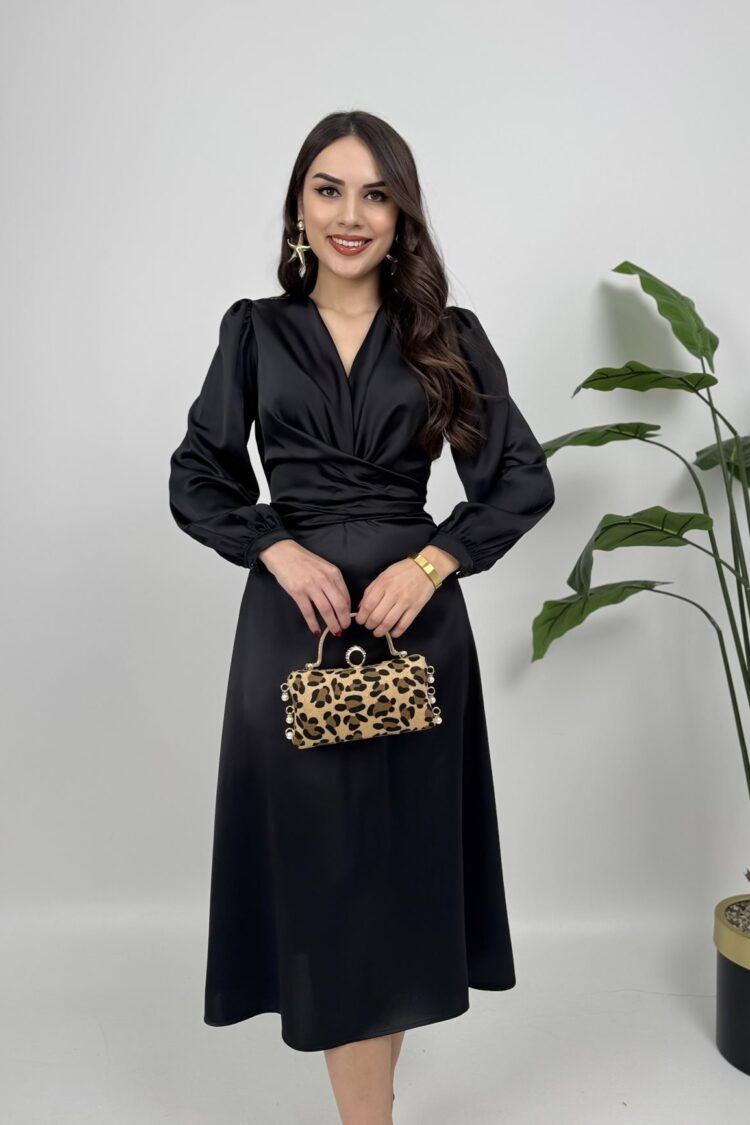 Elegant Wrap Dress With Balloon Long Sleeves