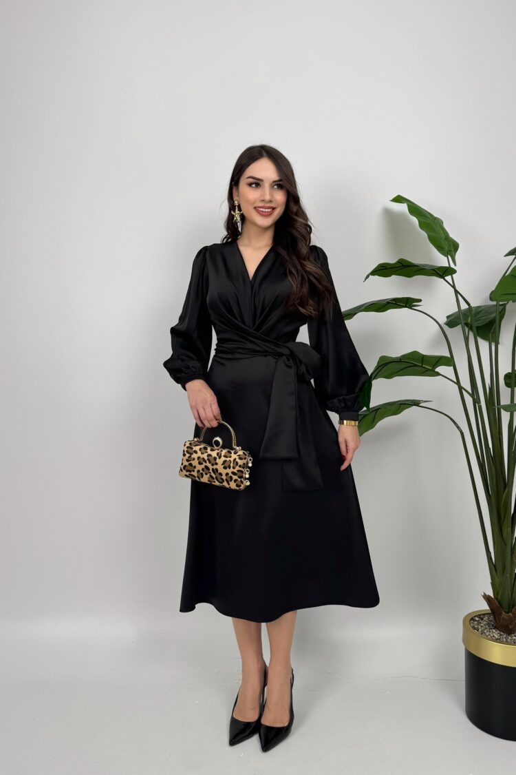 Elegant Wrap Dress With Balloon Long Sleeves