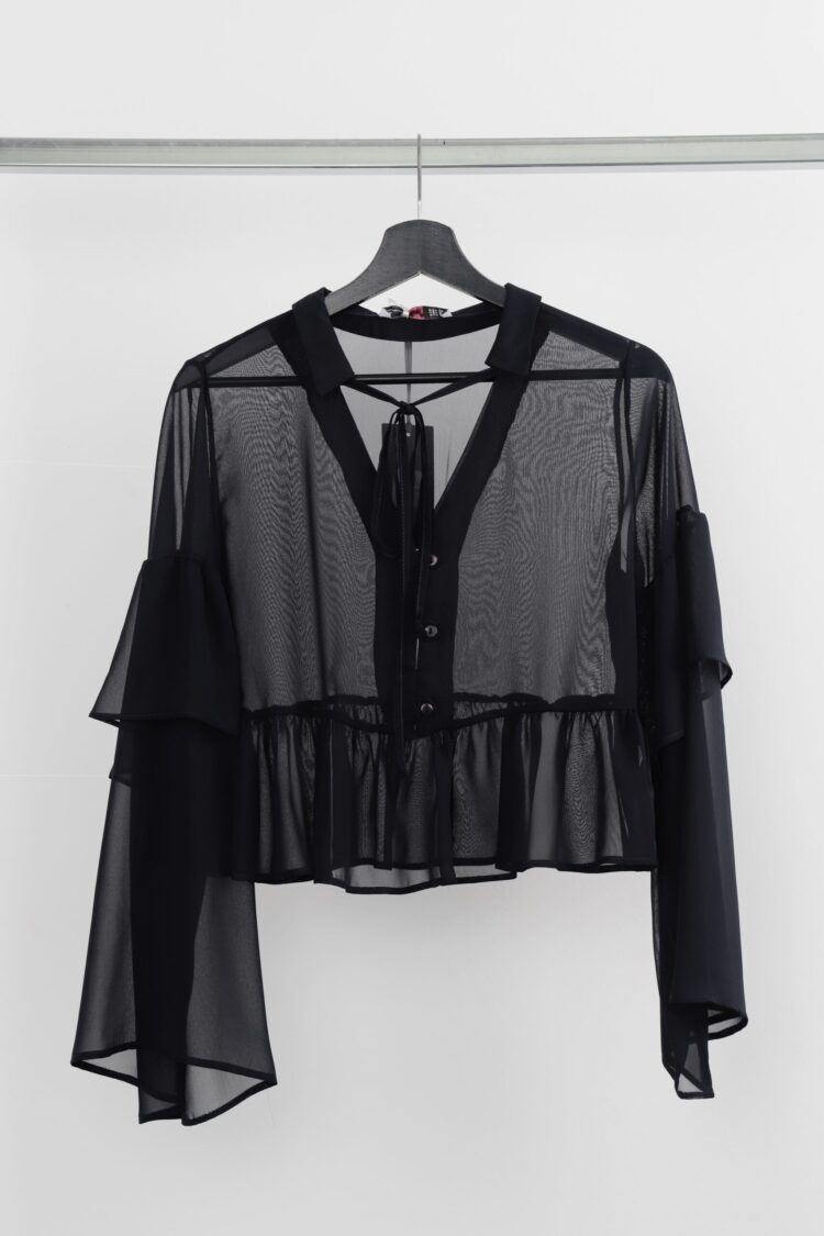Black Shirt With Ruffle Long Sleeves & V-NeckElegant Casual - Brand: Cream Rouge - Women & Kids, Baby Clothes Wholesale - Globality Store