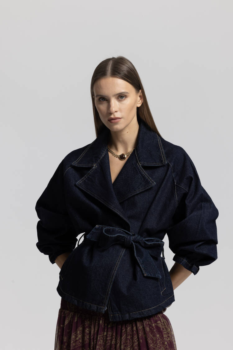 Navy Blue Wrapover Jacket With Notched Collar - Brand: Cream Rouge - Women & Kids, Baby Clothes Wholesale - Globality Store