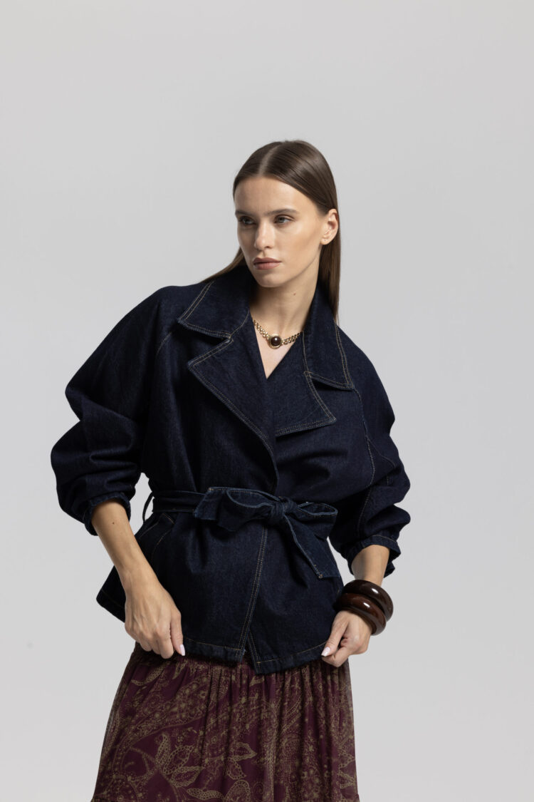 Navy Blue Wrapover Jacket With Notched Collar