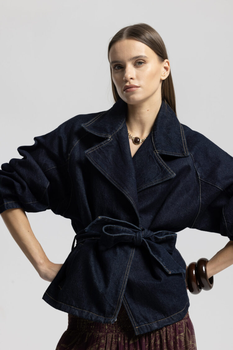 Navy Blue Wrapover Jacket With Notched Collar