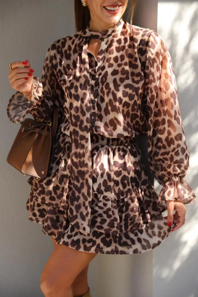 Brown Animal Print Ballon Sleeve Blouse