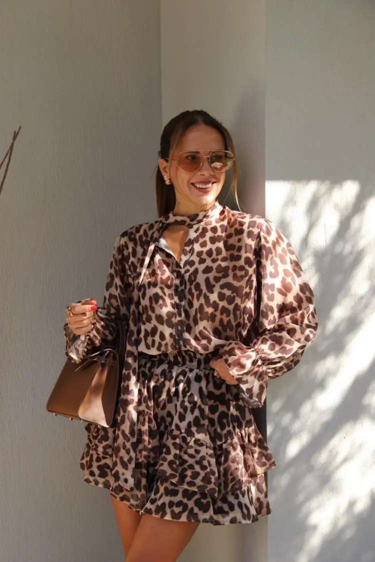 Brown Animal Print Ballon Sleeve Blouse