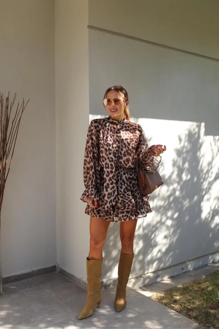 Brown Animal Print Ballon Sleeve Blouse