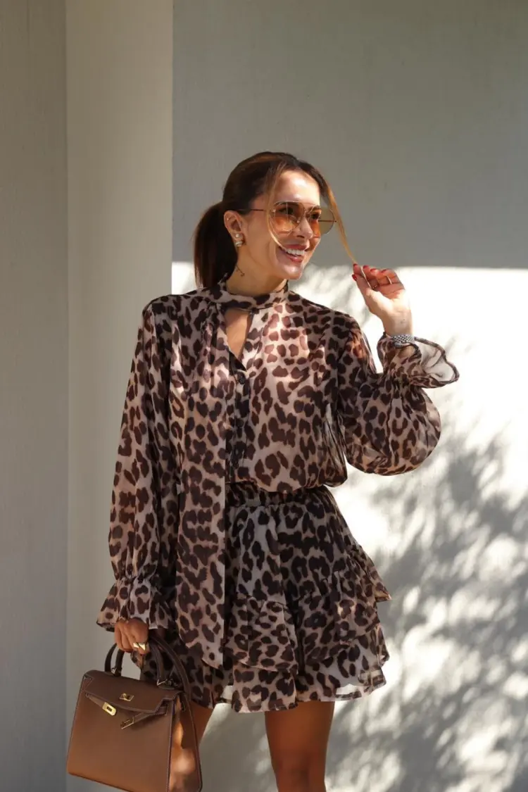 Brown Animal Print Ballon Sleeve Blouse