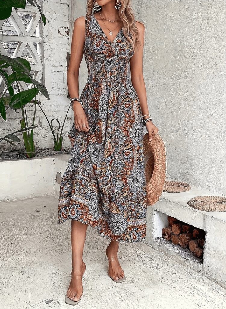 Brown Boho Fit And Flare Maxi Dress