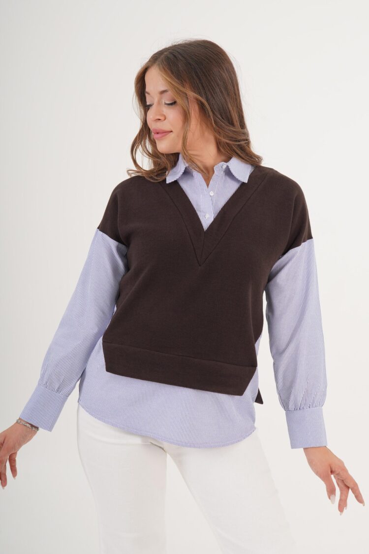 Brown Preppy Casual Elegant Blouse - Brand: Lustrin - Women & Kids, Baby Clothes Wholesale - Globality Store