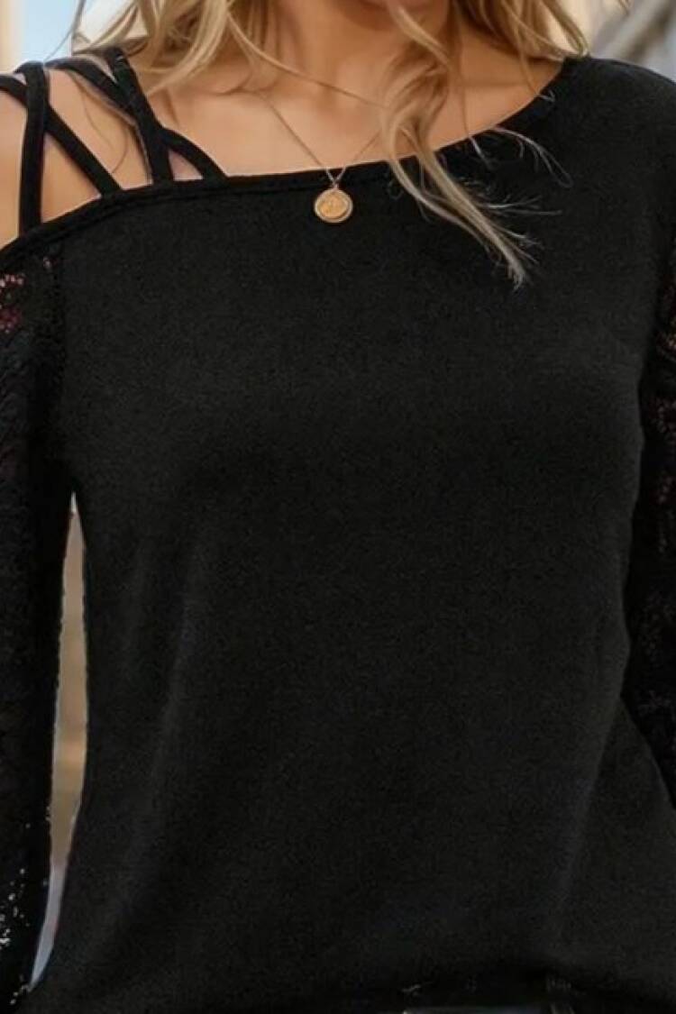 Black Blouse With Boat Neck And Long Sleeves