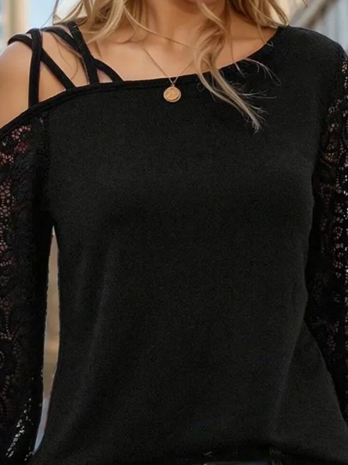 Black Blouse With Boat Neck And Long Sleeves