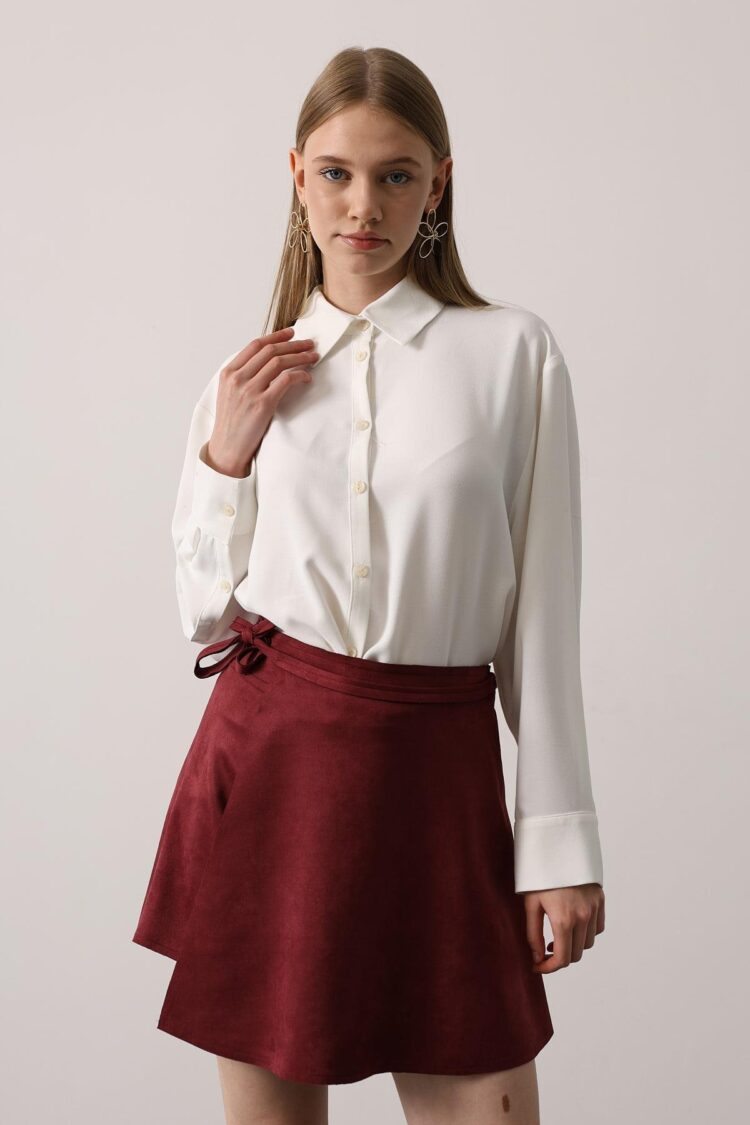 Claret Red Wrap Mini Skirt With Tie Closure