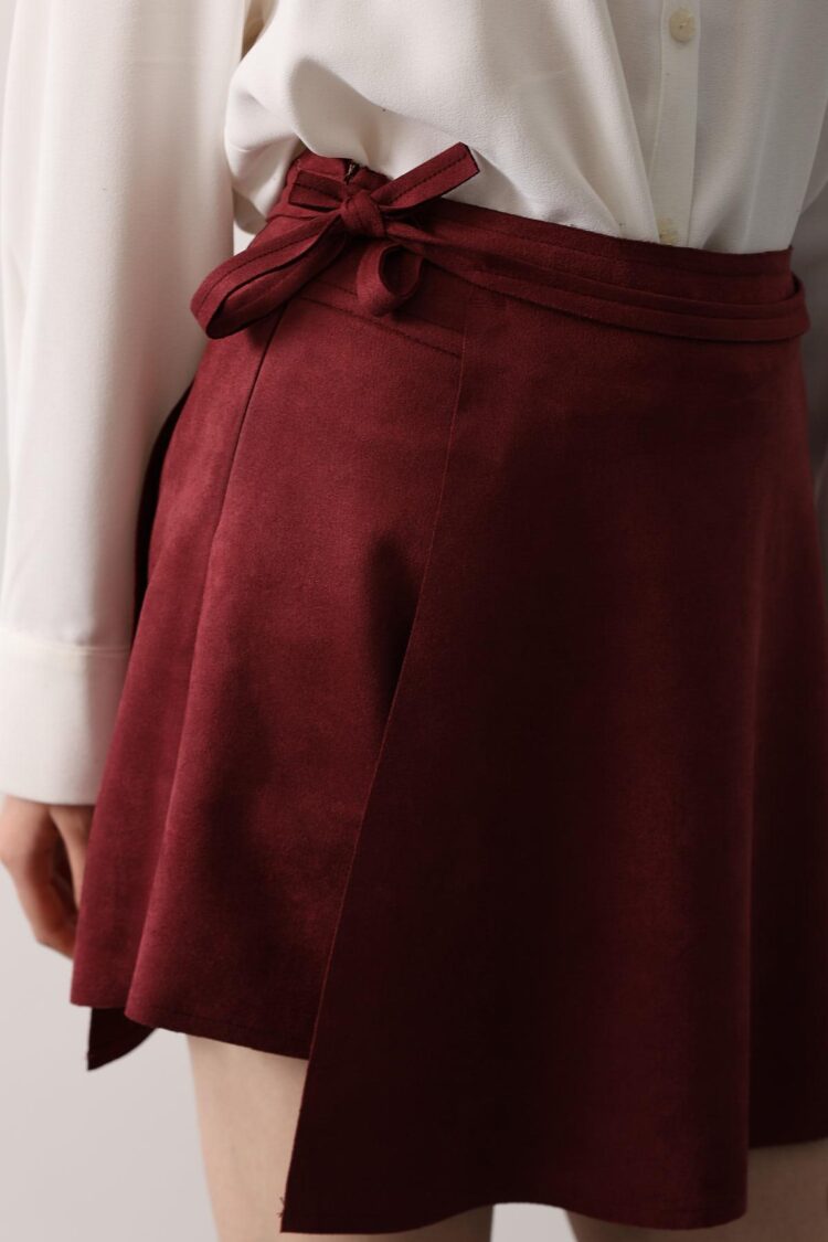 Claret Red Wrap Mini Skirt With Tie Closure
