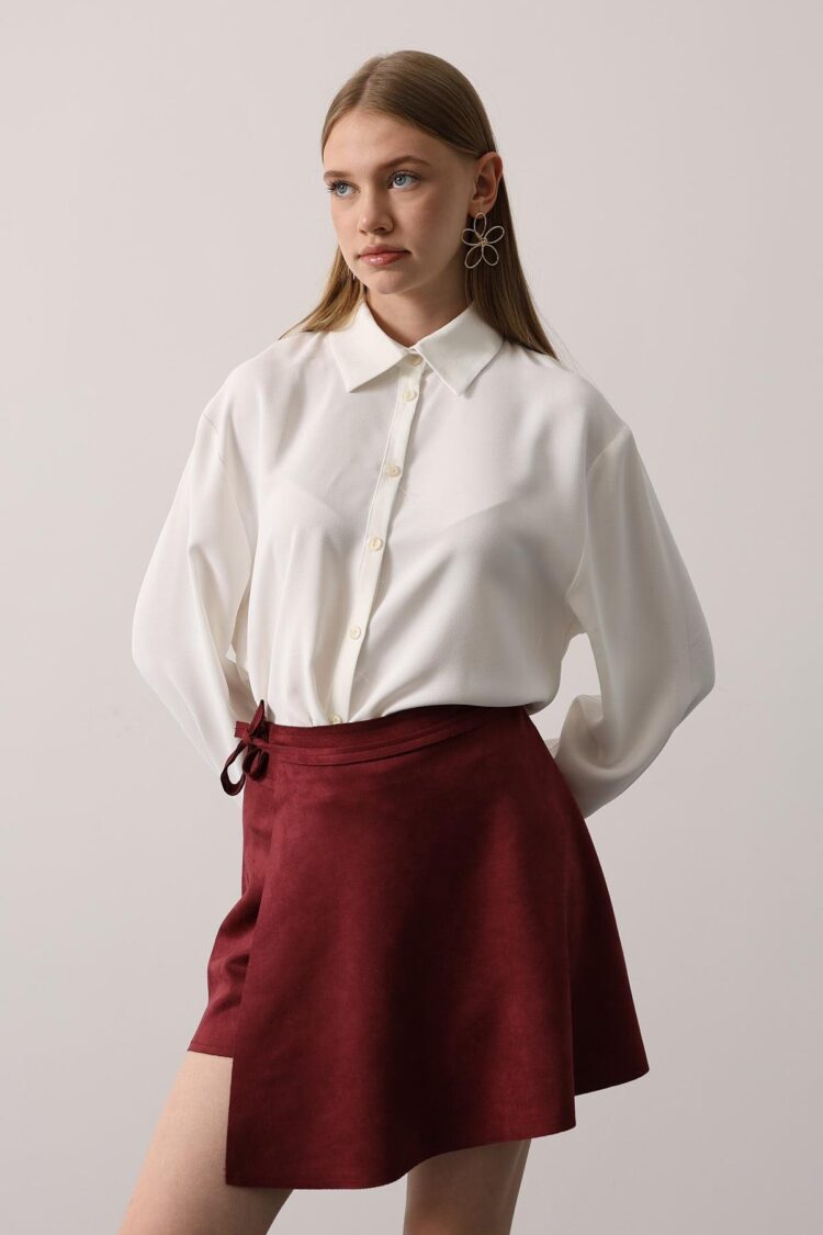 Claret Red Wrap Mini Skirt With Tie Closure