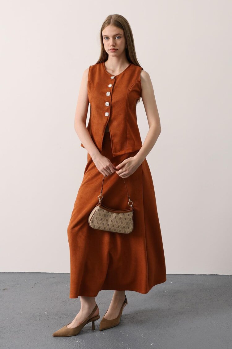 Brown Elegant Flared Maxi Skirt With Mid Waist