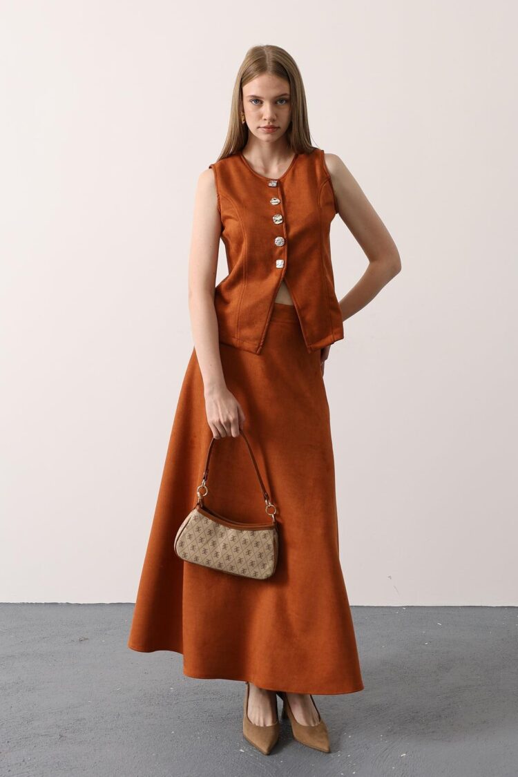 Brown Elegant Flared Maxi Skirt With Mid Waist