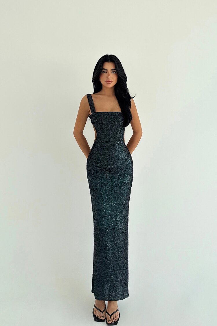 Black Sequined Bodycon Dress With Square Neck - Brand: EYYO ATELIER - Women & Kids, Baby Clothes Wholesale - Globality Store