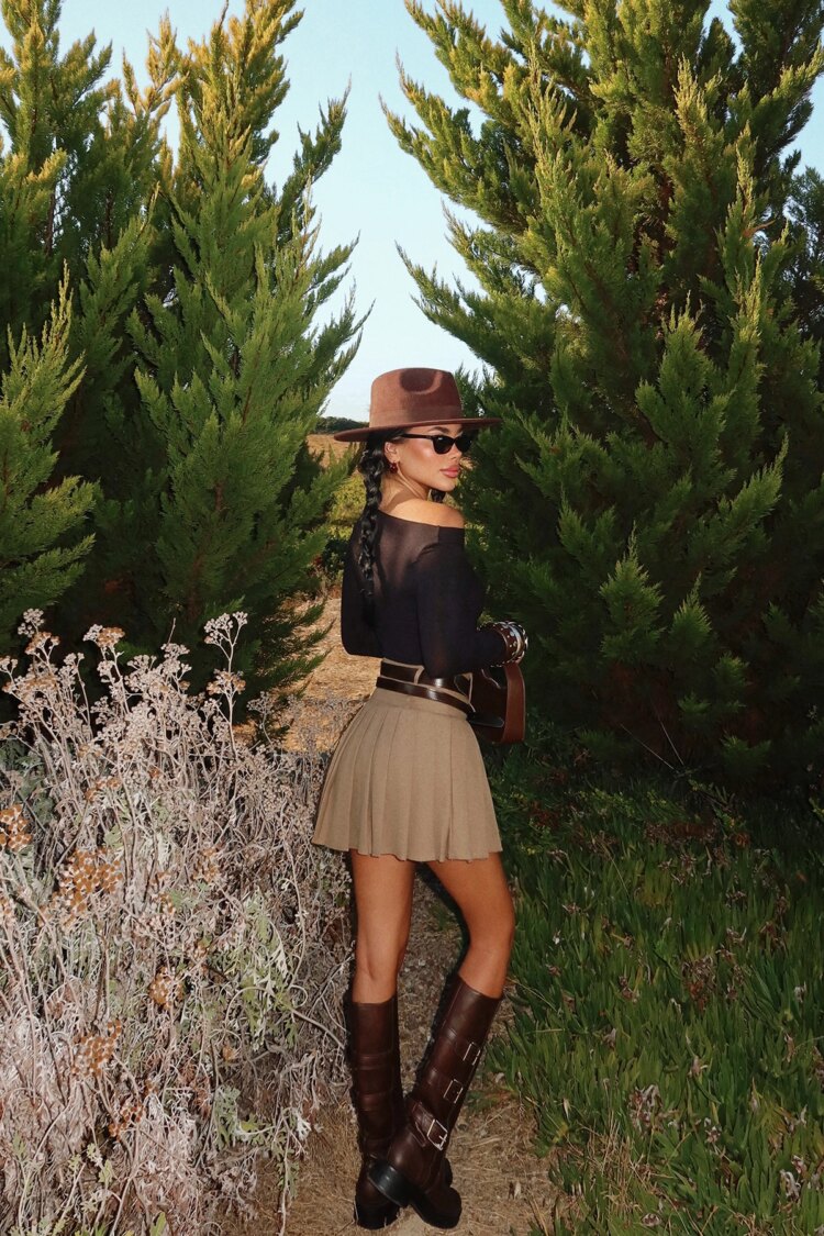 Khaki Pleated Mini Skirt High Waist Casual Elegant