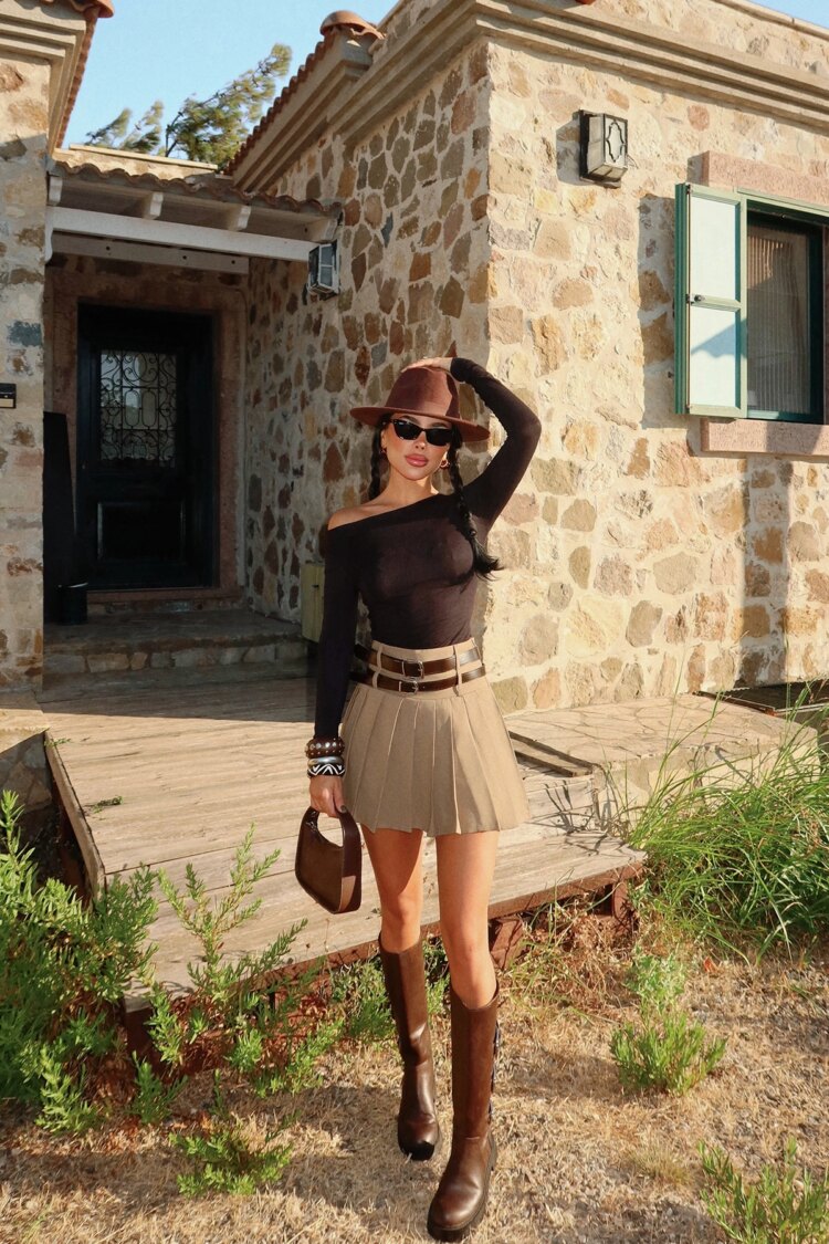 Khaki Pleated Mini Skirt High Waist Casual Elegant