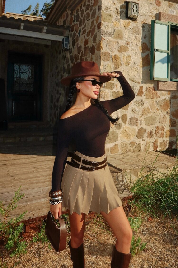 Khaki Pleated Mini Skirt High Waist Casual Elegant