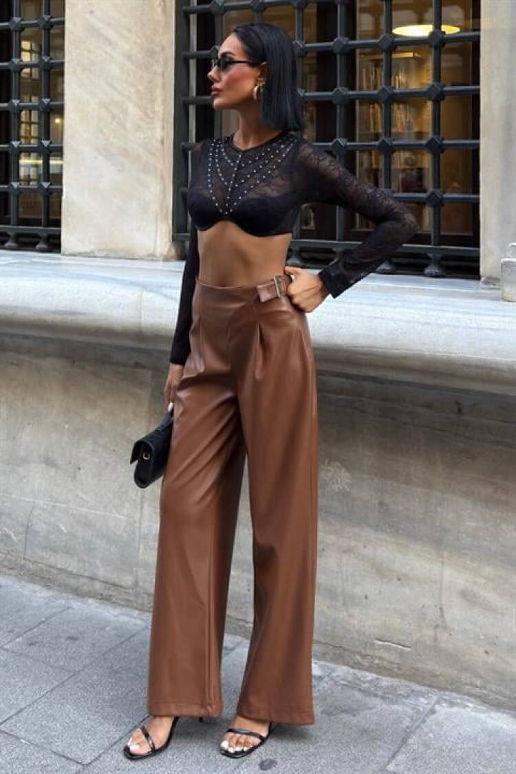 Brown Palazzo Pants With High Waist And Wide Leg - Brand: Sobe Istanbul - Women & Kids, Baby Clothes Wholesale - Globality Store