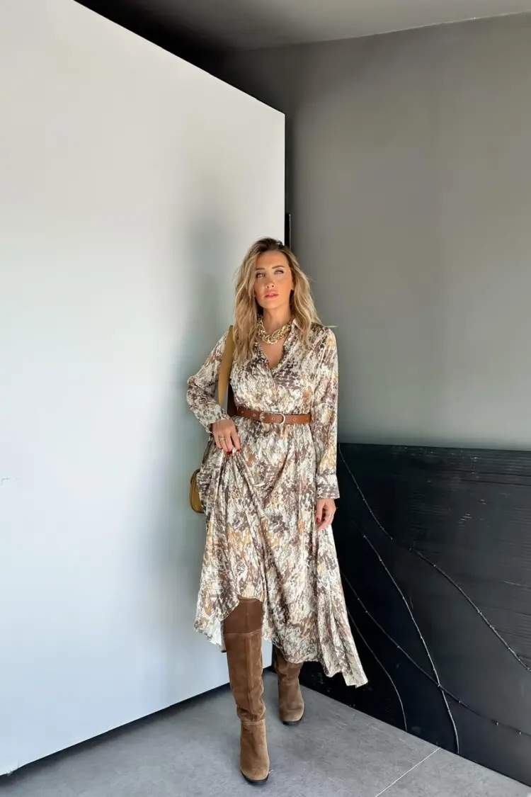 Brown Animal Print Midi Shirt Dress With Notched Neck - Brand: Cream Rouge - Women & Kids, Baby Clothes Wholesale - Globality Store