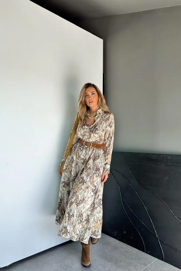 Brown Animal Print Midi Shirt Dress With Notched Neck