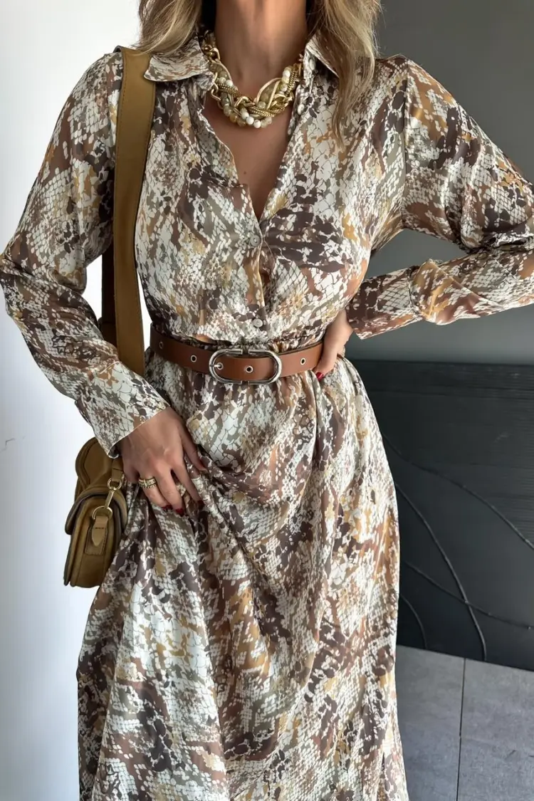 Brown Animal Print Midi Shirt Dress With Notched Neck