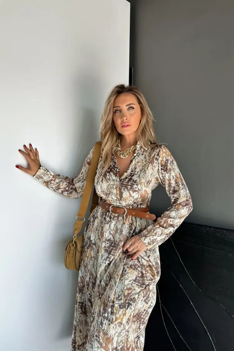 Brown Animal Print Midi Shirt Dress With Notched Neck