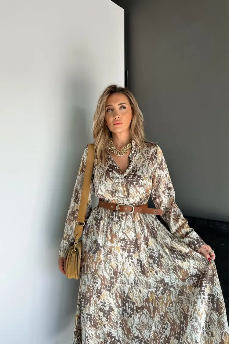Brown Animal Print Midi Shirt Dress With Notched Neck