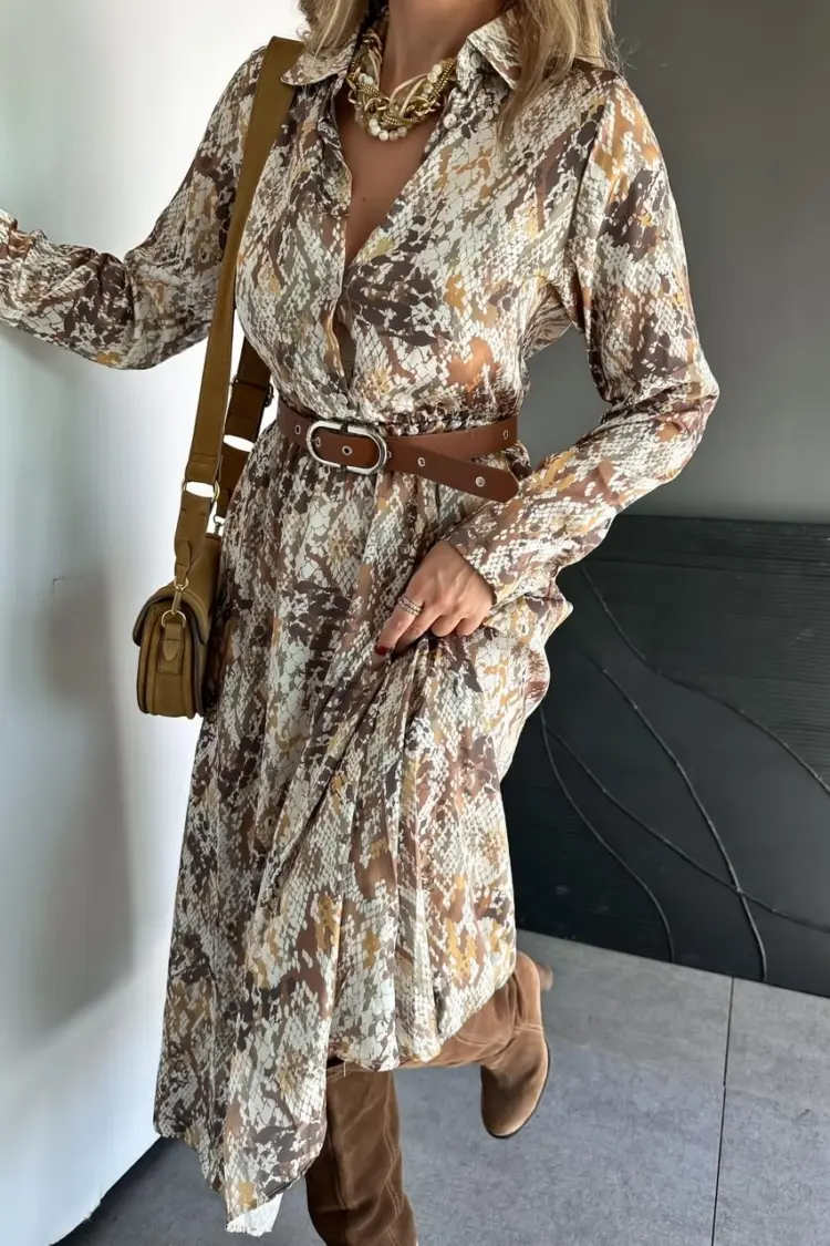 Brown Animal Print Midi Shirt Dress With Notched Neck
