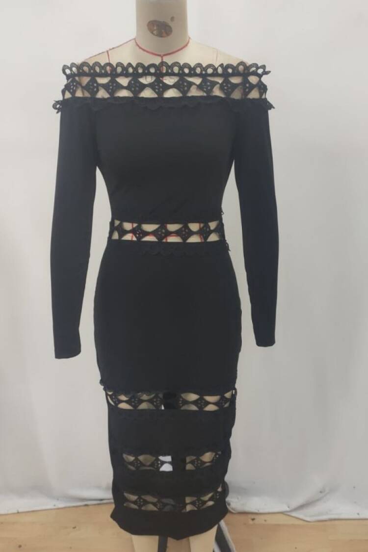 Black Bodycon Dress With Off Shoulder Neck - Elegant Midi