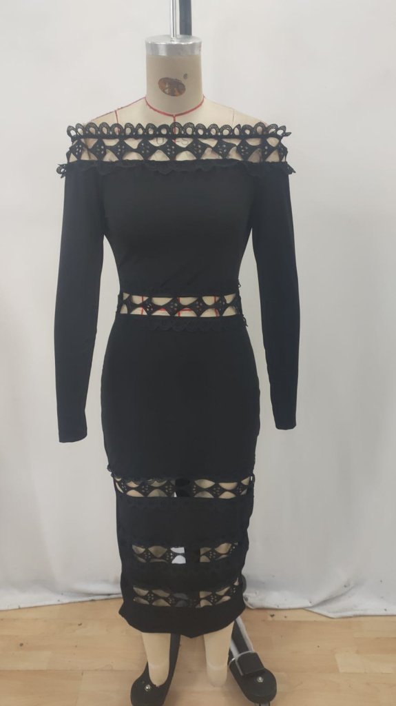 Black Bodycon Dress With Off Shoulder Neck - Elegant Midi